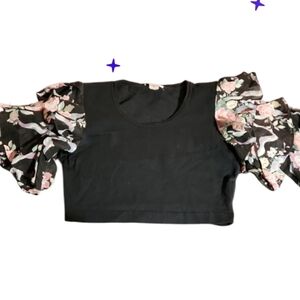 Vintage Floral Sleeve Black Cropped Cotton Top  Jrs Small